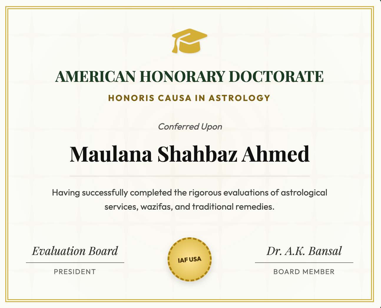 American Honorary Doctorate - Honoris Causa In Astrology