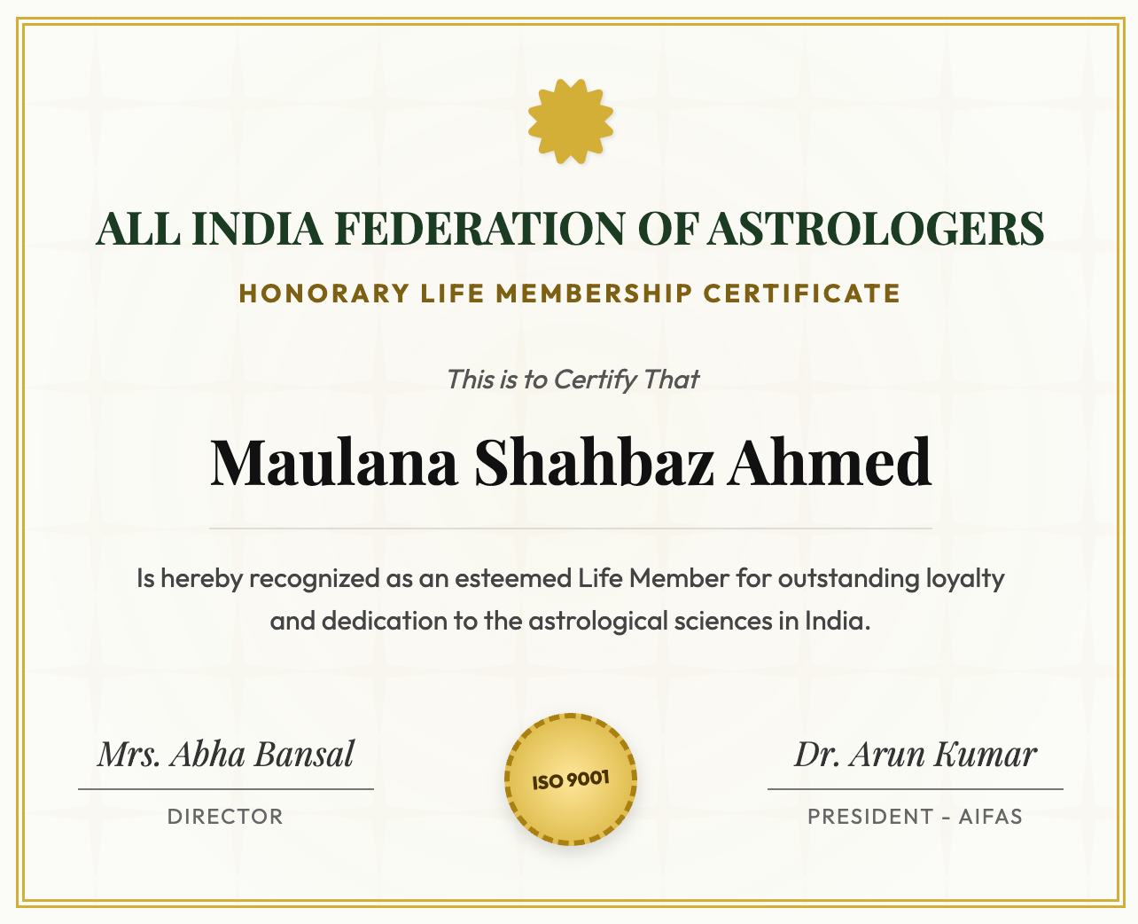 All India Federation of Astrologers - Honorary Life Membership